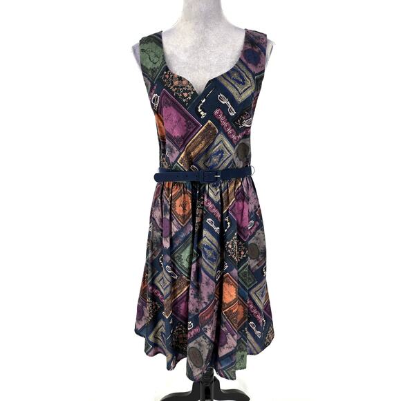 ModCloth Dress Womens XL Geometric Cotton Back Zip Fit n Flare Belted Lined - Picture 1 of 13